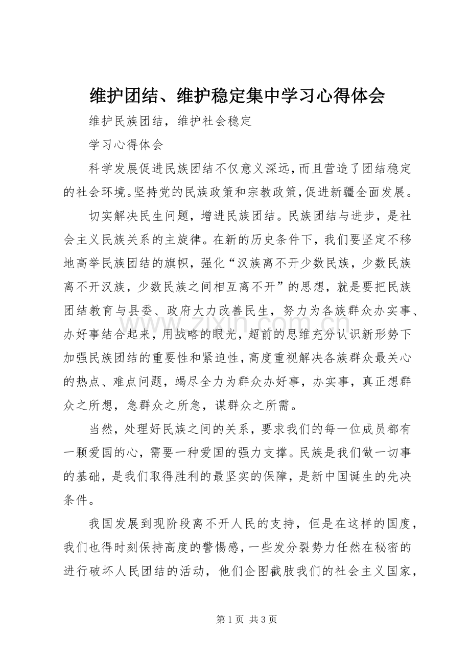 维护团结、维护稳定集中学习体会心得.docx_第1页