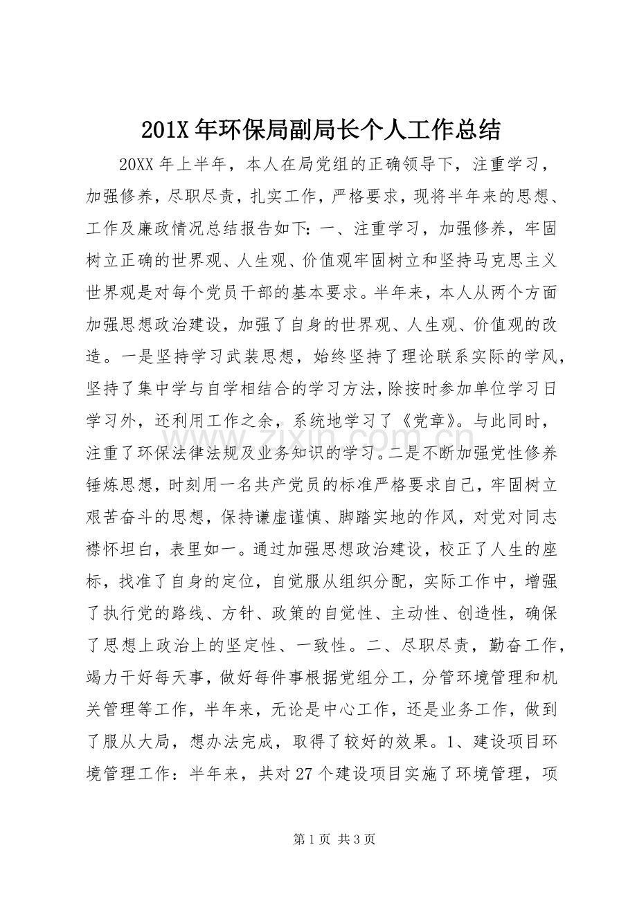 202X年环保局副局长个人工作总结.docx_第1页