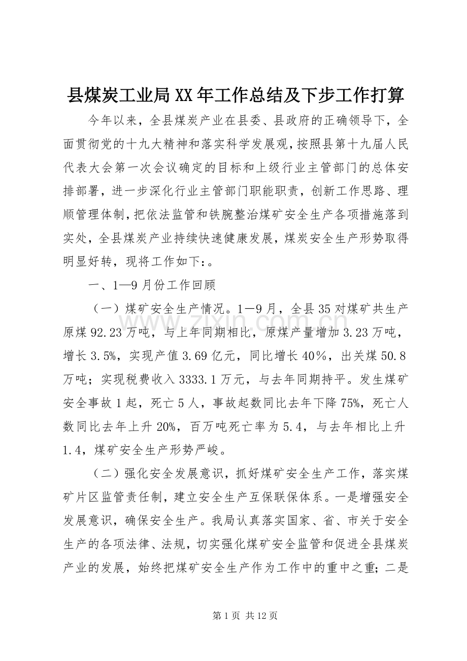 县煤炭工业局XX年工作总结及下步工作打算 .docx_第1页