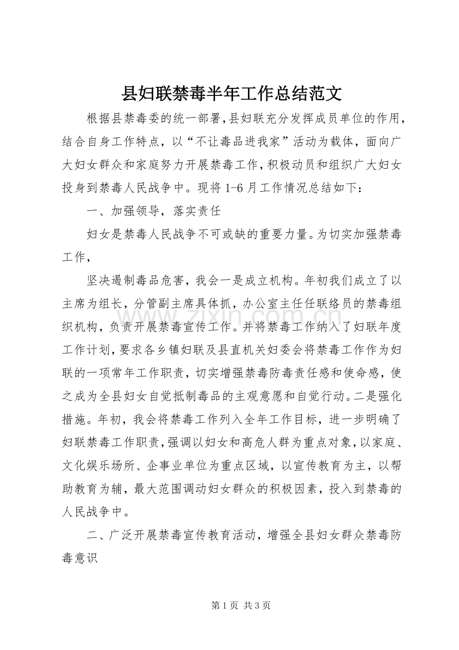 县妇联禁毒半年工作总结范文 .docx_第1页