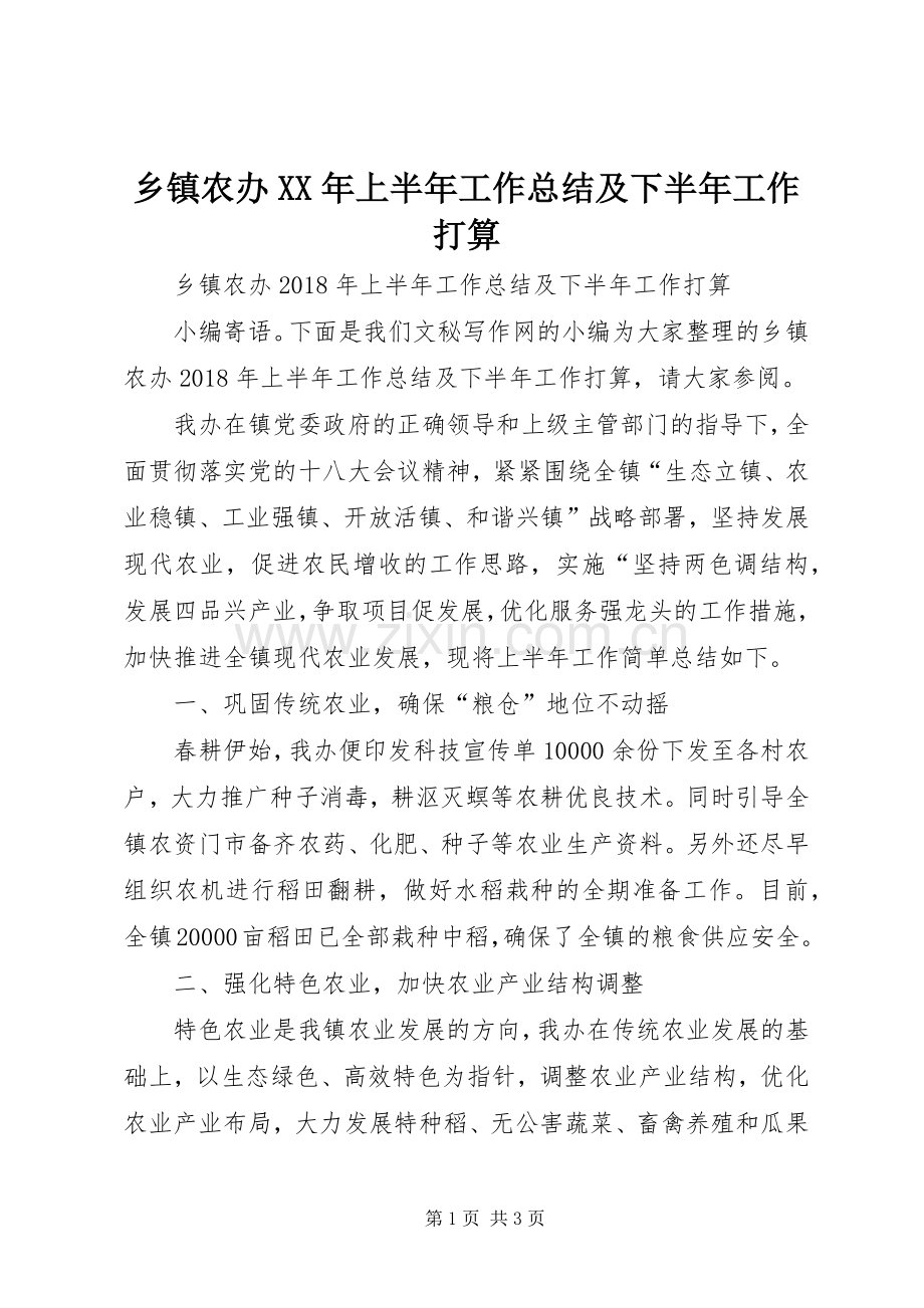 乡镇农办XX年上半年工作总结及下半年工作打算 .docx_第1页