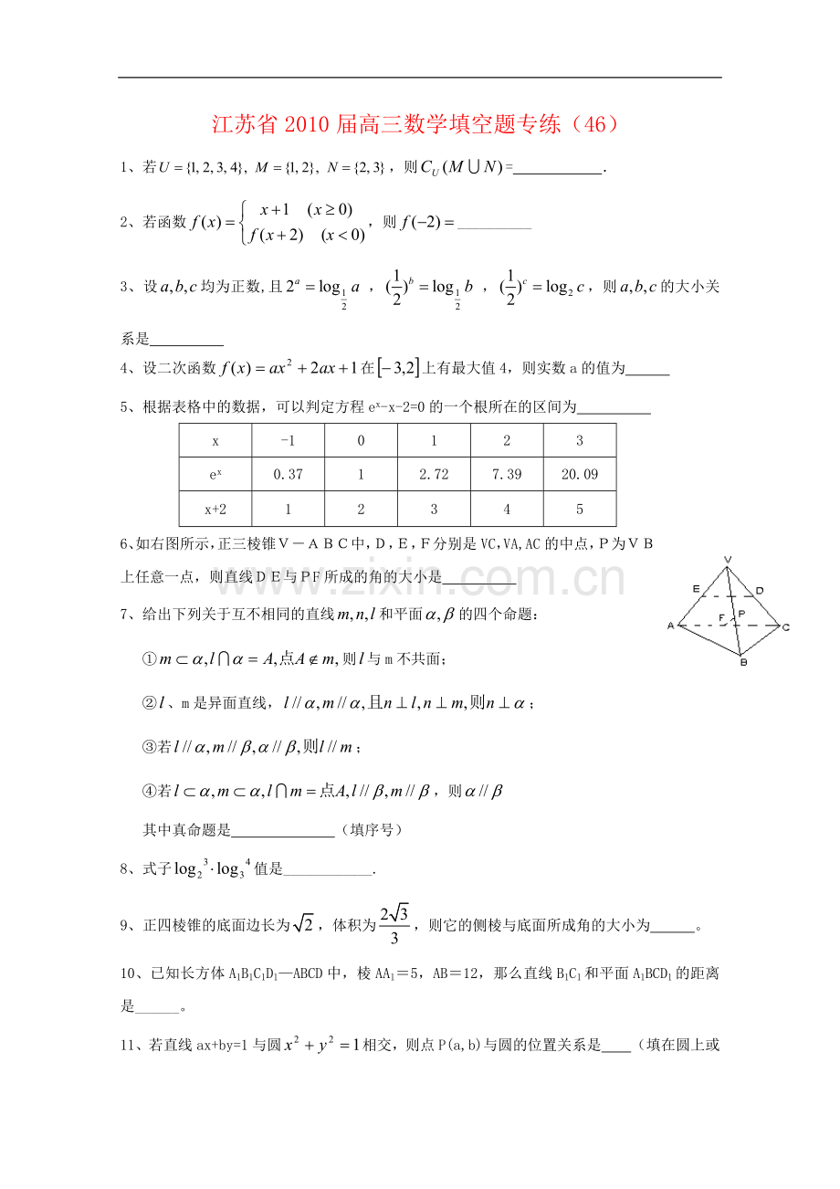 江苏省2010届高三数学填空题专练-练习(46).doc_第1页