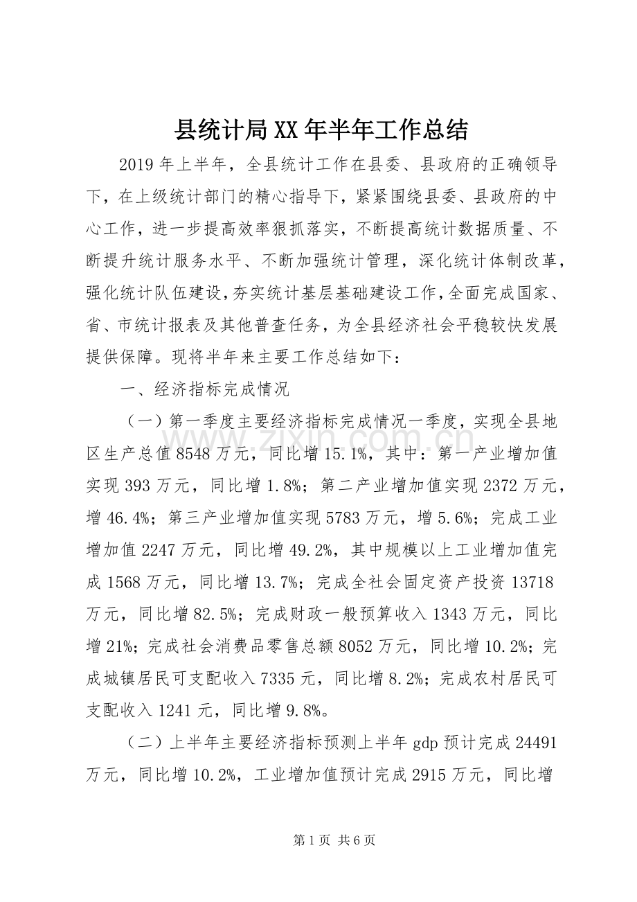 县统计局XX年半年工作总结 .docx_第1页