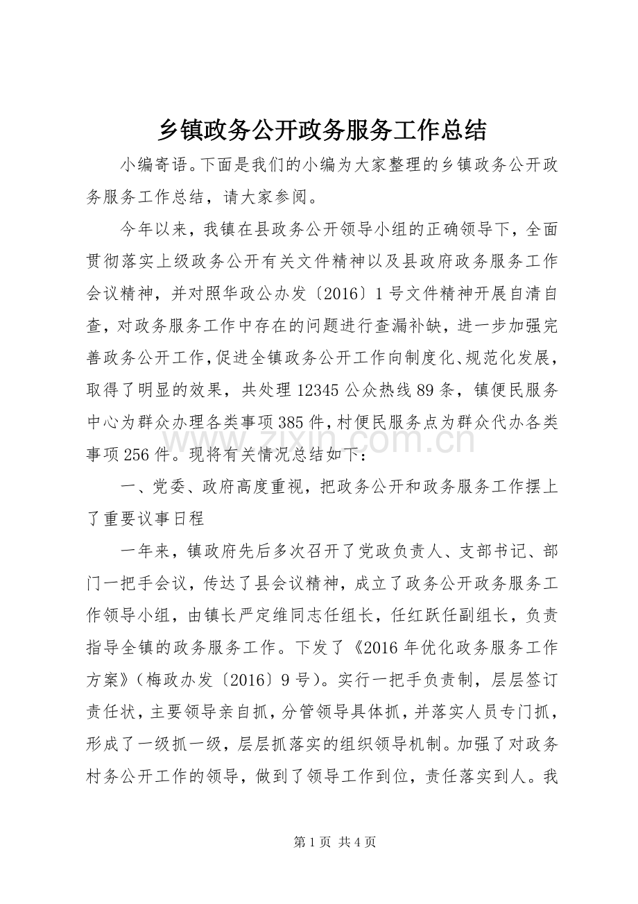 乡镇政务公开政务服务工作总结 .docx_第1页