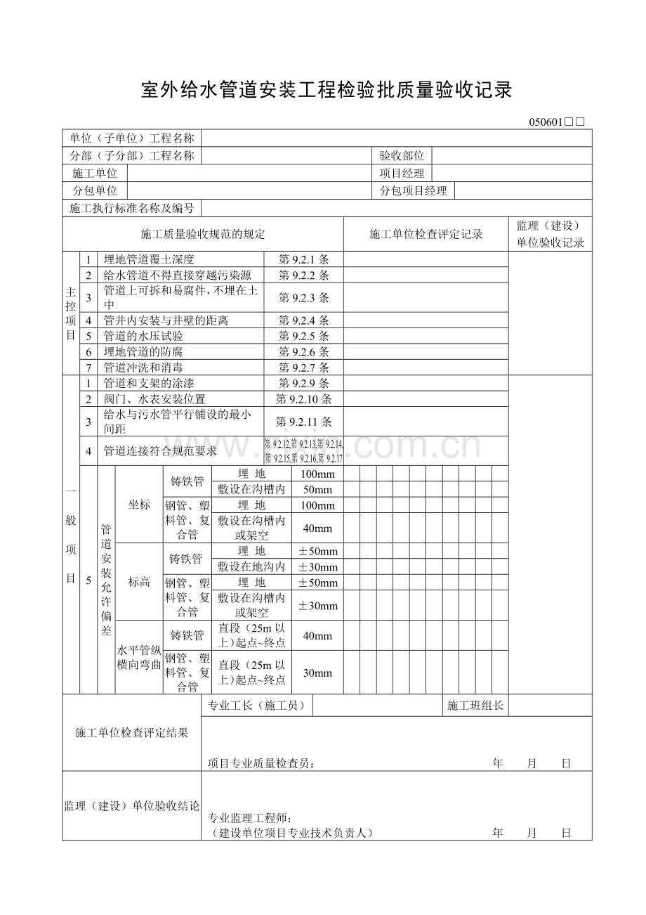 室外给水管道安装工程检验批质量验收记录.docx_第1页