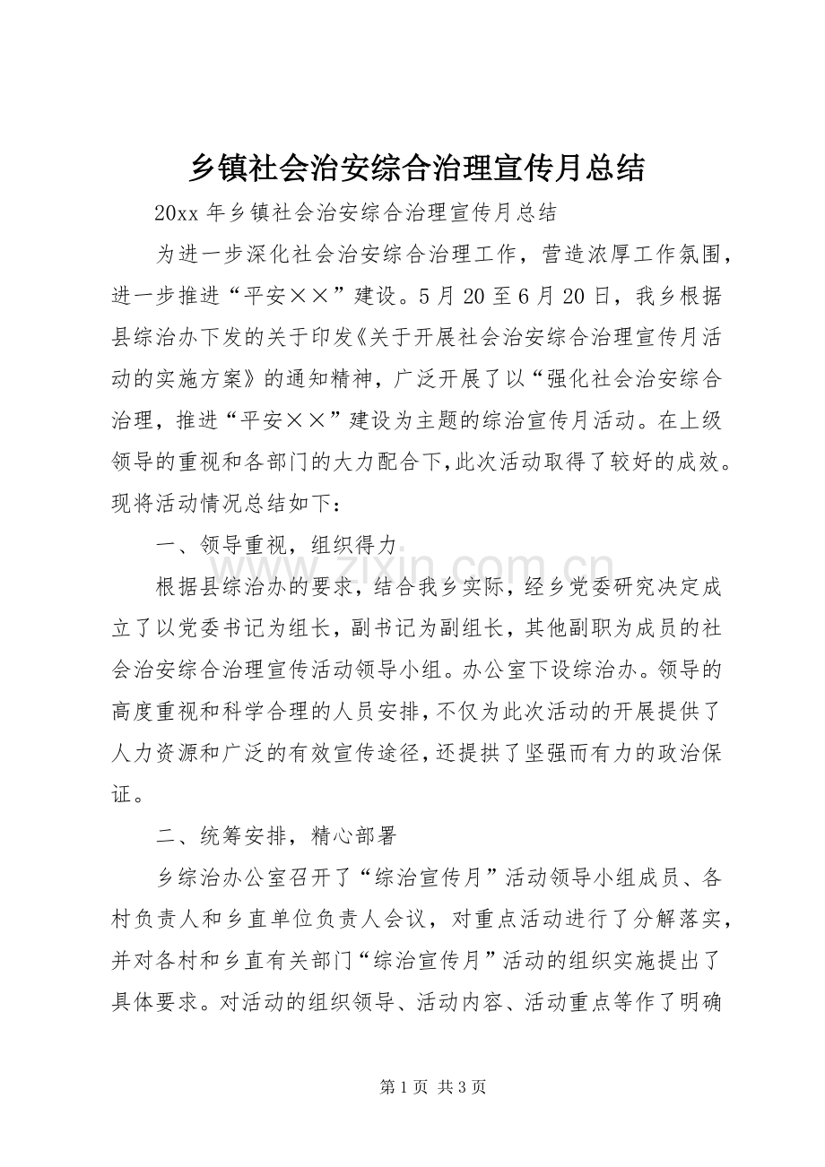 乡镇社会治安综合治理宣传月总结 .docx_第1页