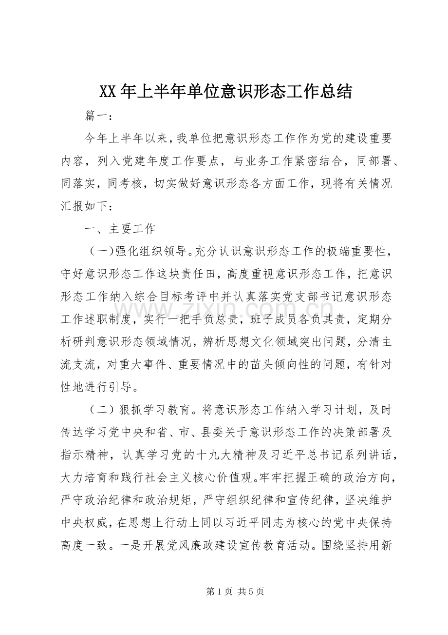 XX年上半年单位意识形态工作总结 .docx_第1页