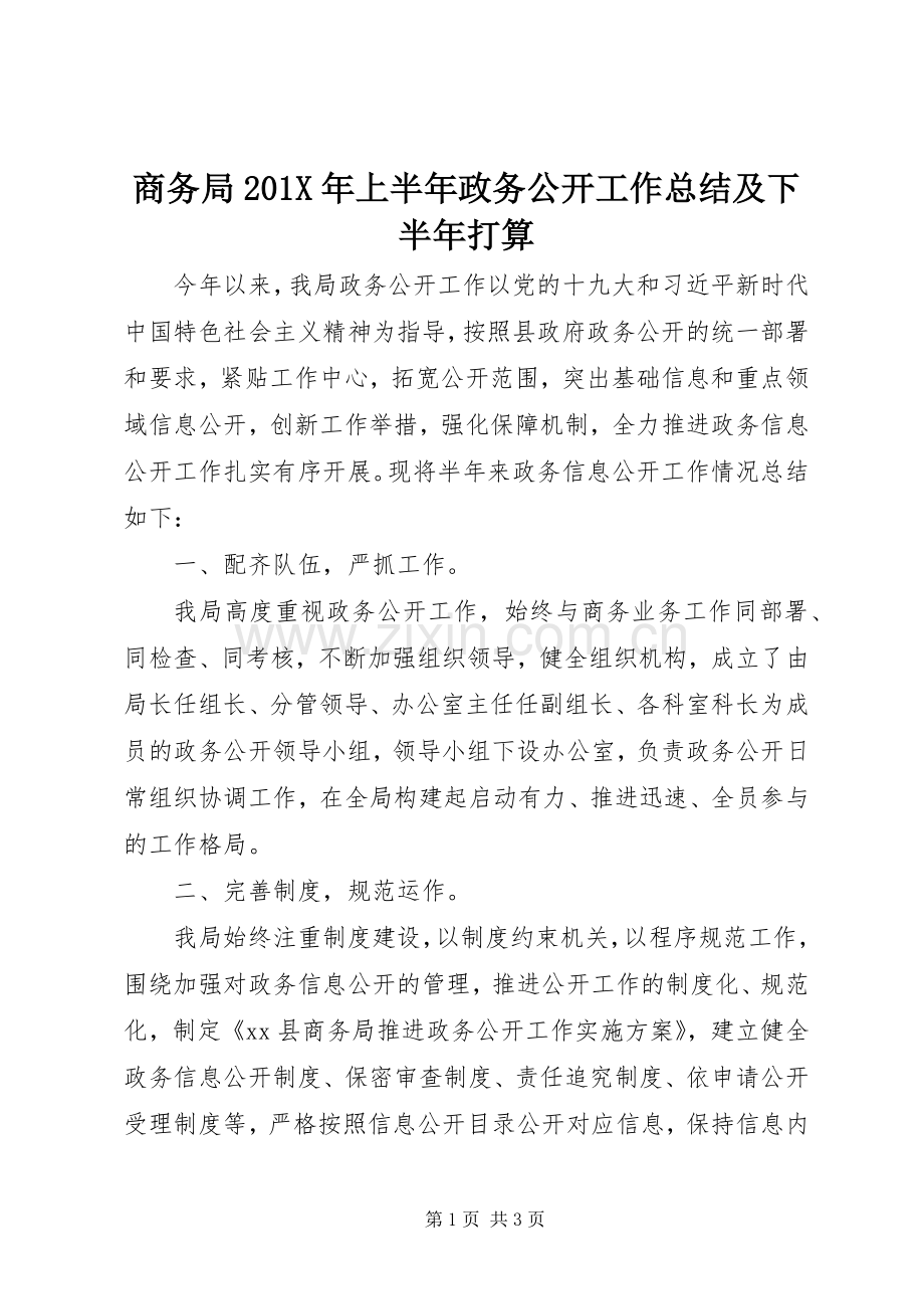 商务局202X年上半年政务公开工作总结及下半年打算.docx_第1页