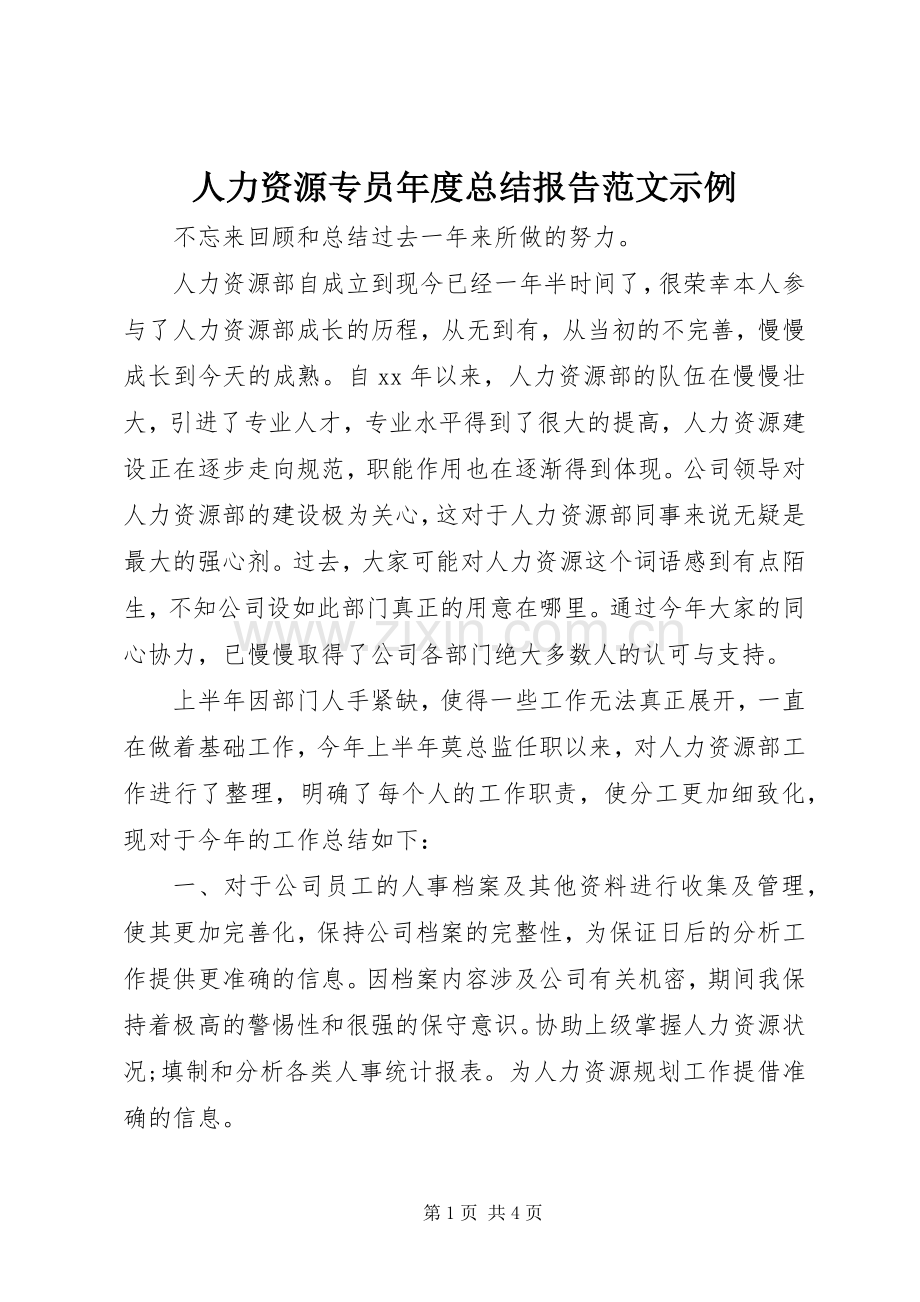 人力资源专员年度总结报告范文示例 .docx_第1页