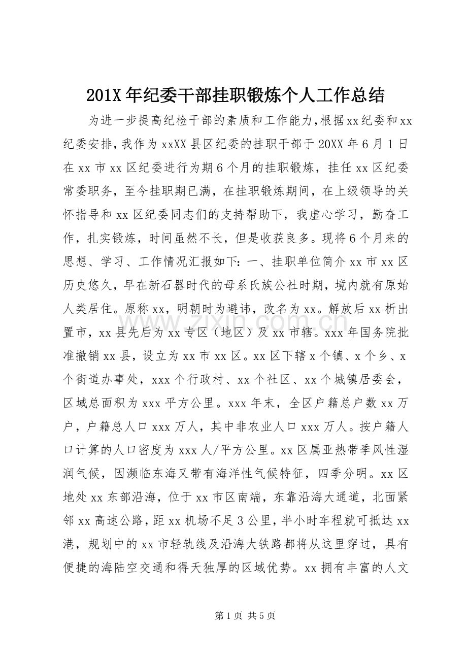 202X年纪委干部挂职锻炼个人工作总结.docx_第1页