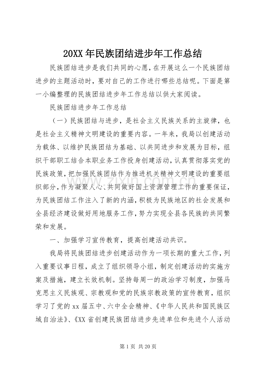 20XX年民族团结进步年工作总结 .docx_第1页