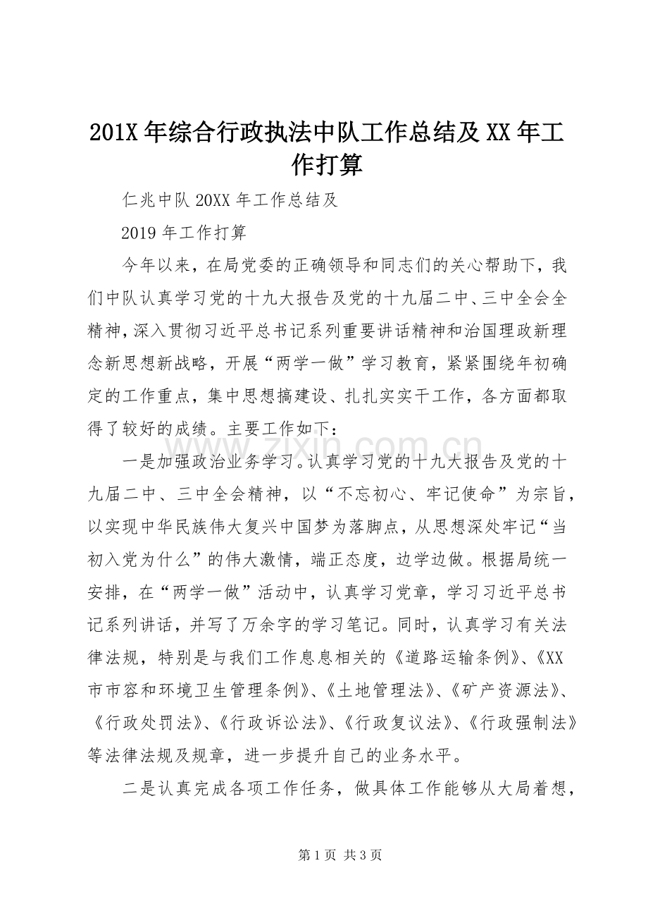 202X年综合行政执法中队工作总结及XX年工作打算.docx_第1页