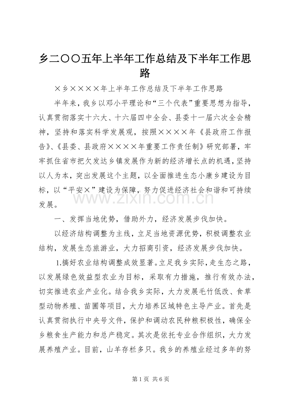 乡二○○五年上半年工作总结及下半年工作思路 .docx_第1页