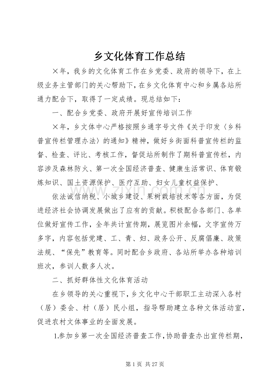 乡文化体育工作总结 .docx_第1页