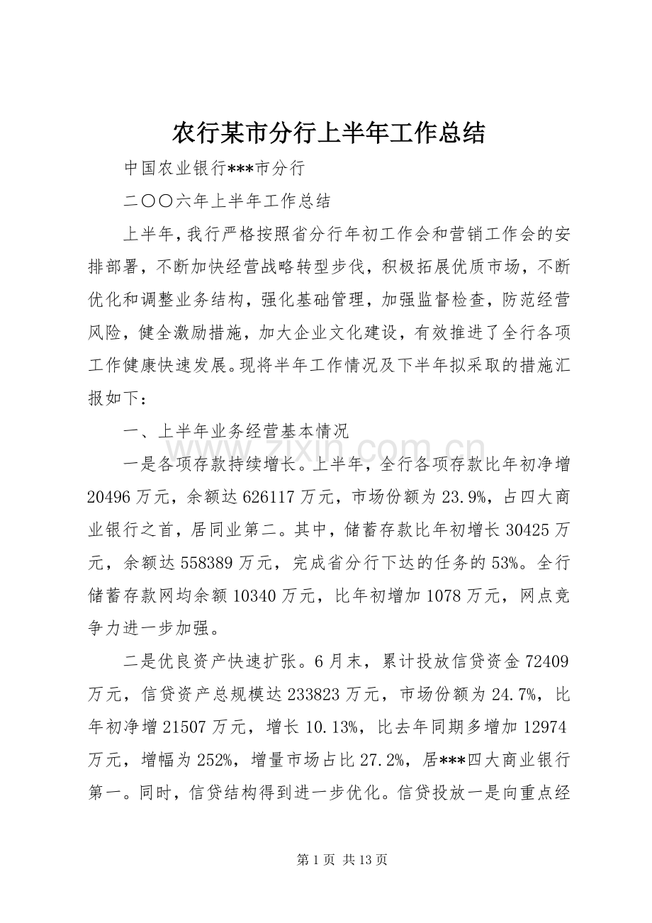 农行某市分行上半年工作总结 .docx_第1页