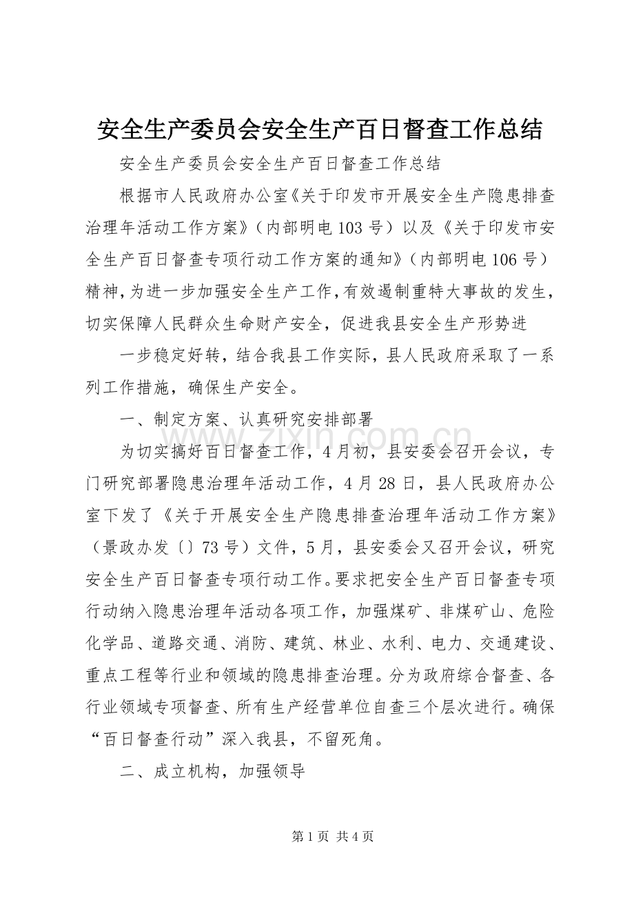 安全生产委员会安全生产百日督查工作总结 .docx_第1页