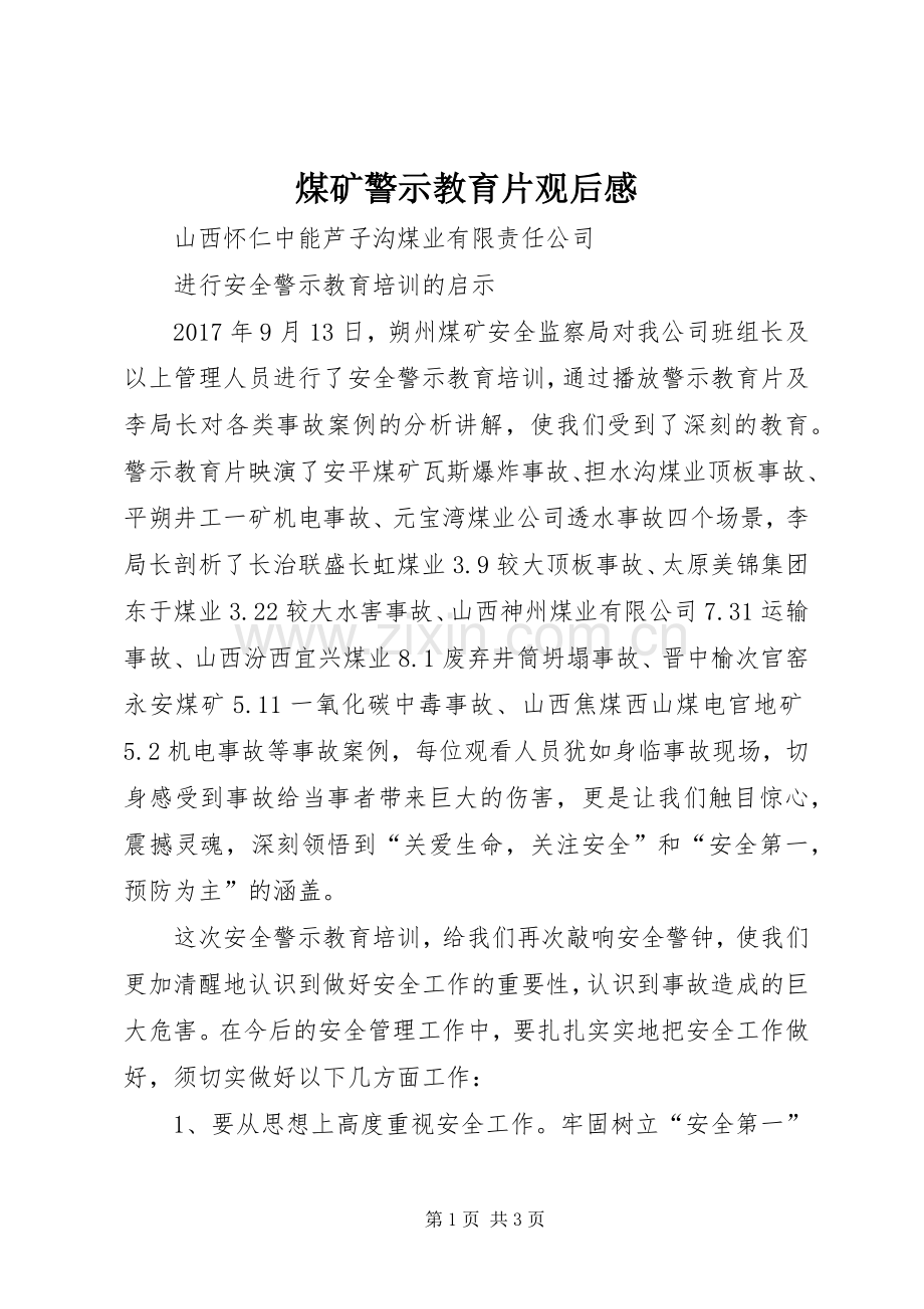 煤矿警示教育片观后心得.docx_第1页