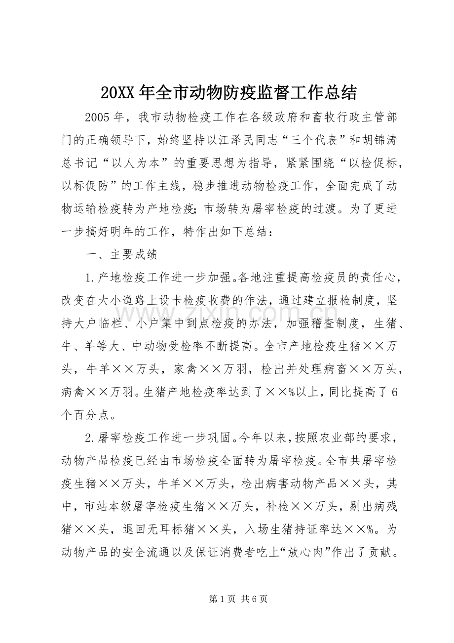 20XX年全市动物防疫监督工作总结.docx_第1页