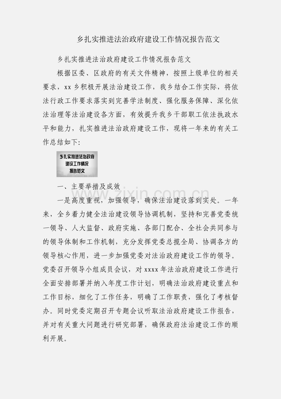 乡扎实推进法治政府建设工作情况报告范文.docx_第1页