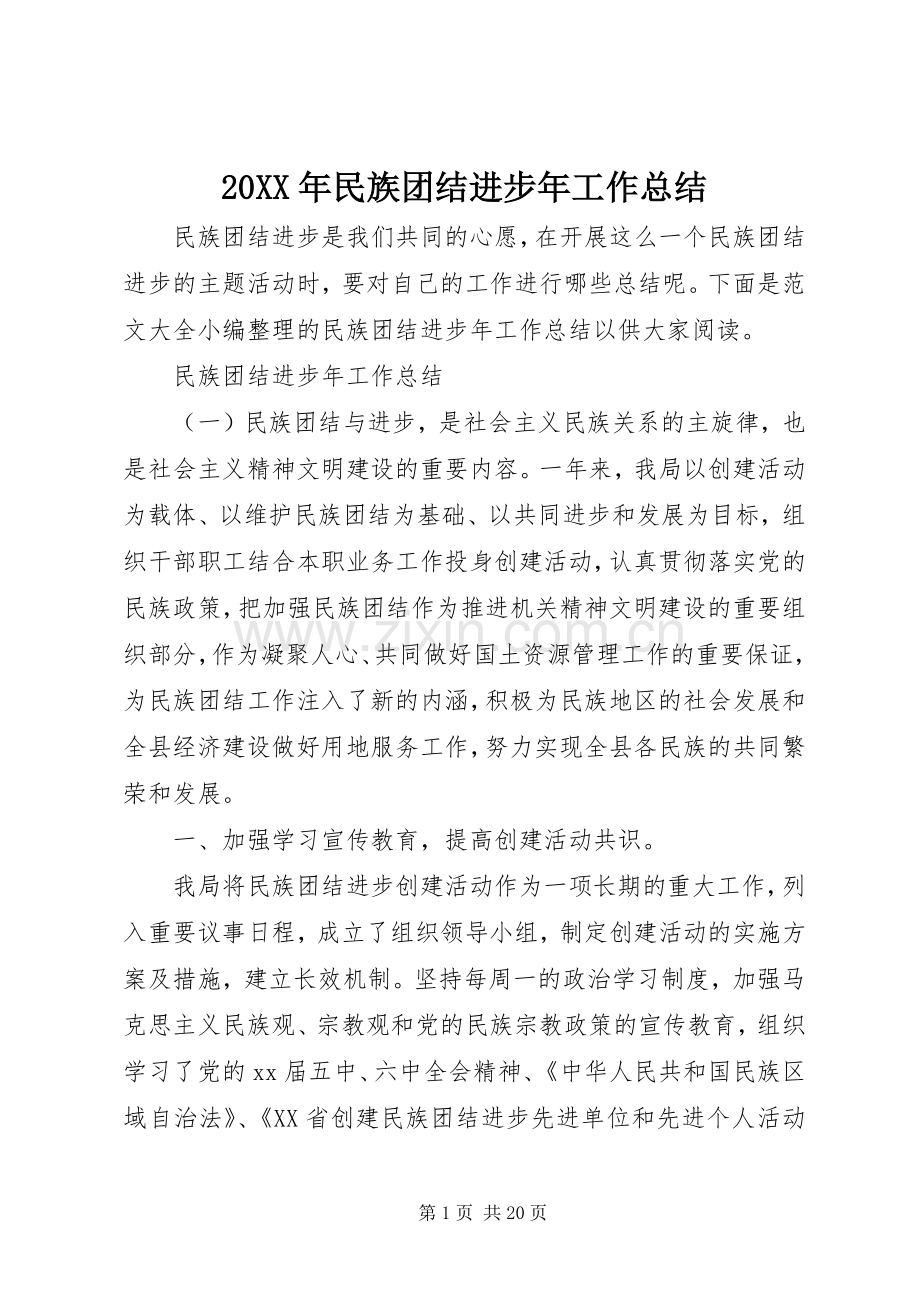 20XX年民族团结进步年工作总结.docx_第1页