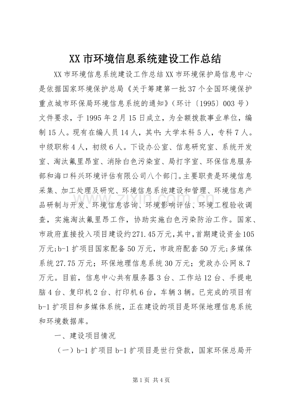 XX市环境信息系统建设工作总结 .docx_第1页