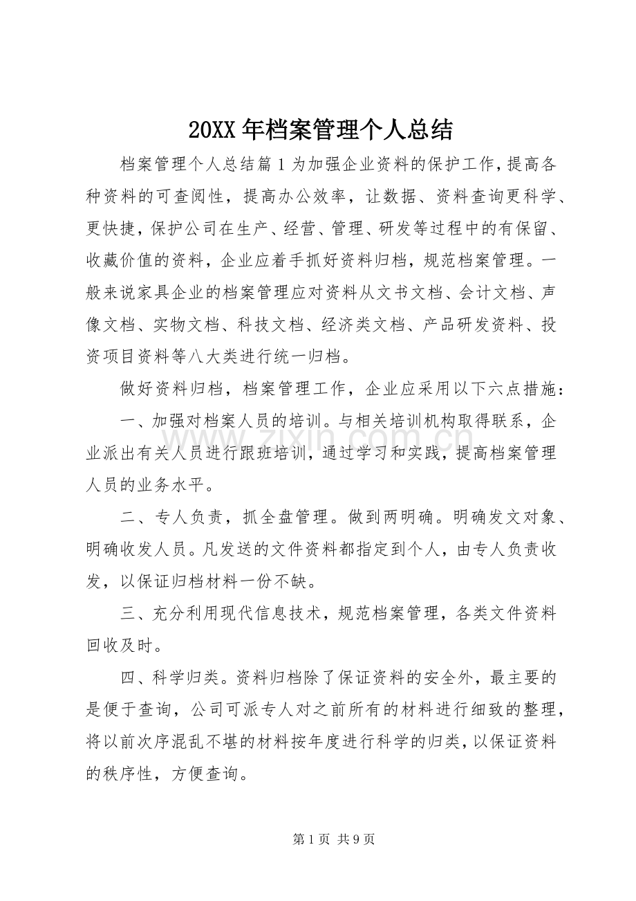 20XX年档案管理个人总结.docx_第1页