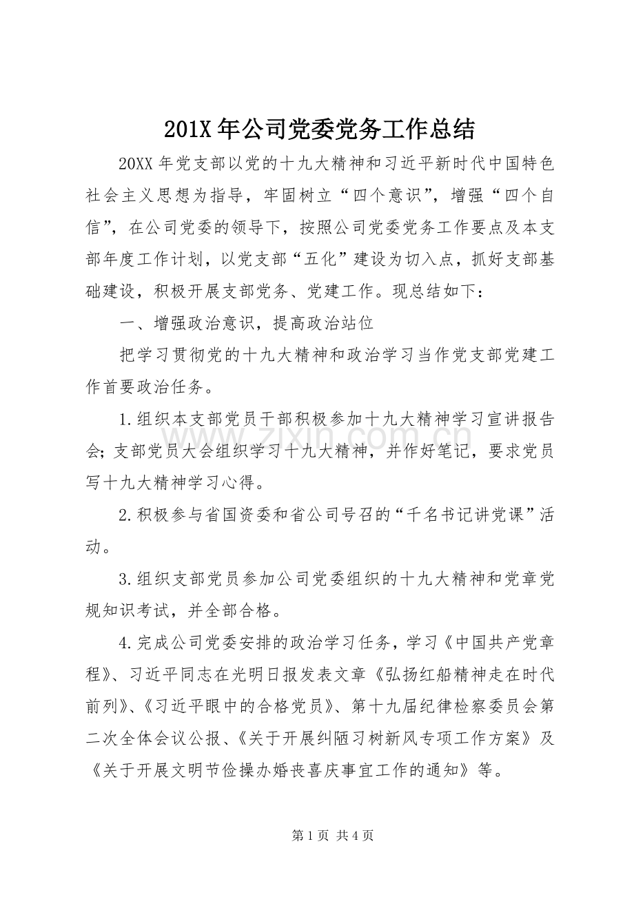 202X年公司党委党务工作总结.docx_第1页