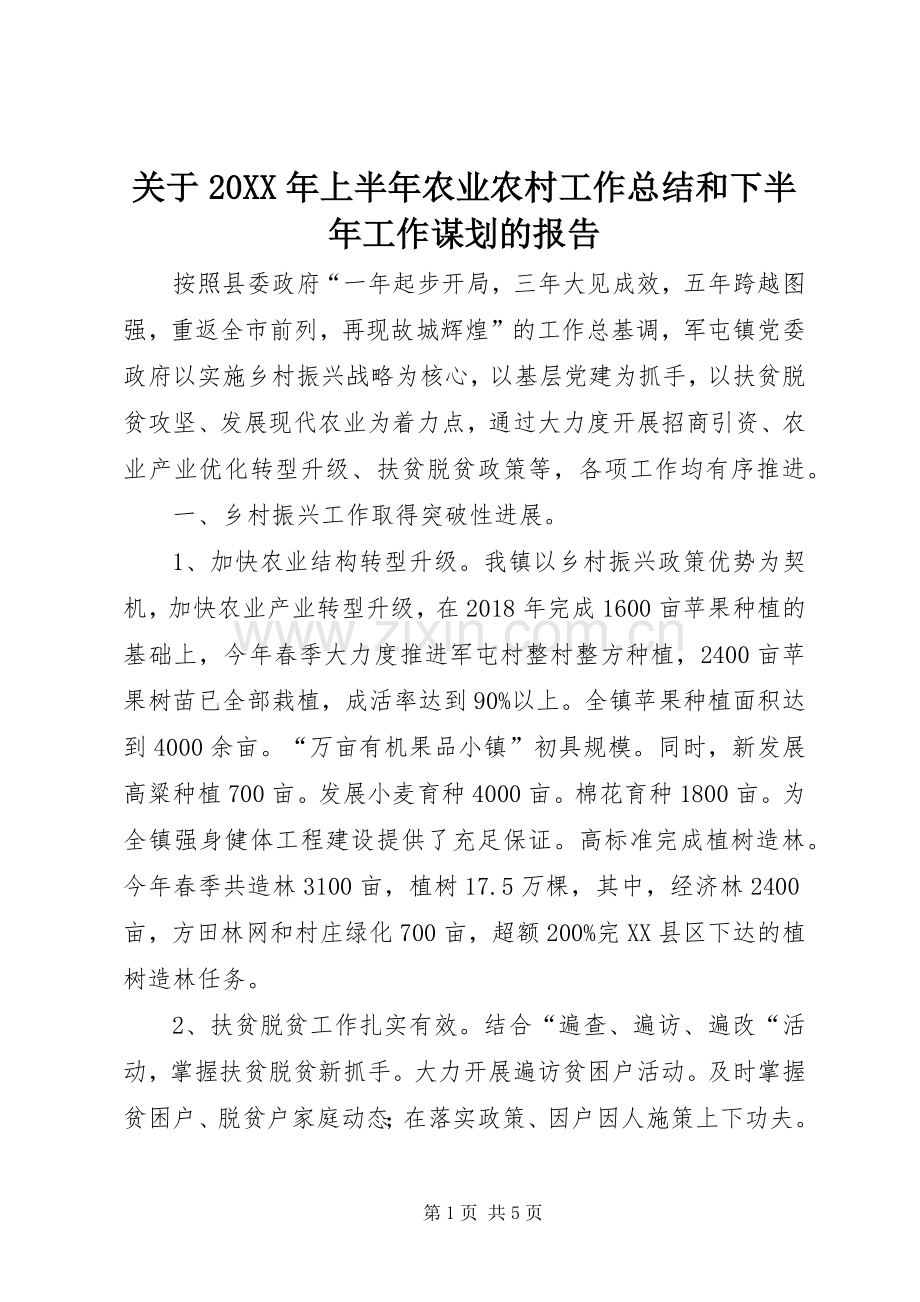 关于20XX年上半年农业农村工作总结和下半年工作谋划的报告.docx_第1页