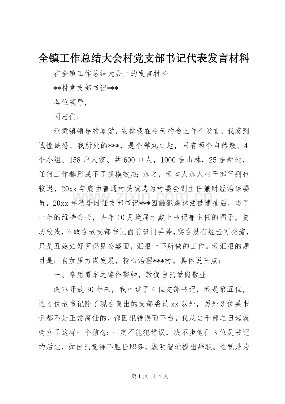 全镇工作总结大会村党支部书记代表发言材料 .docx_第1页