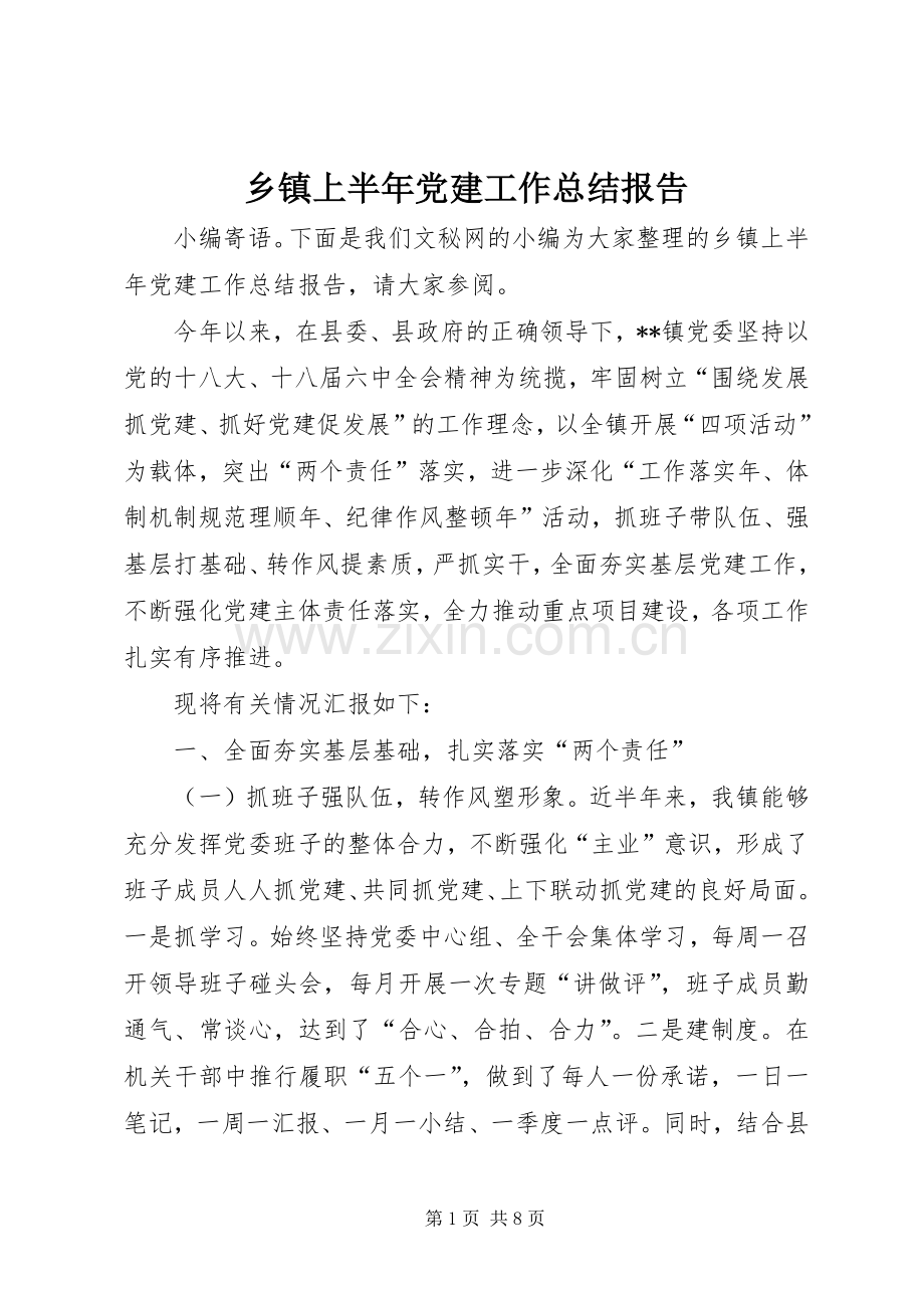 乡镇上半年党建工作总结报告 .docx_第1页