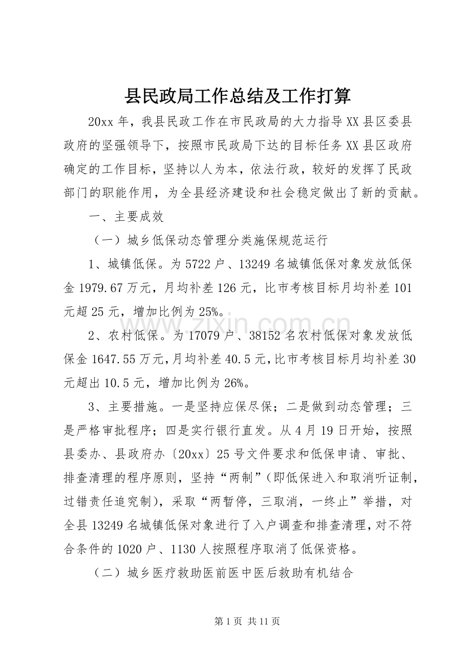 县民政局工作总结及工作打算 .docx_第1页