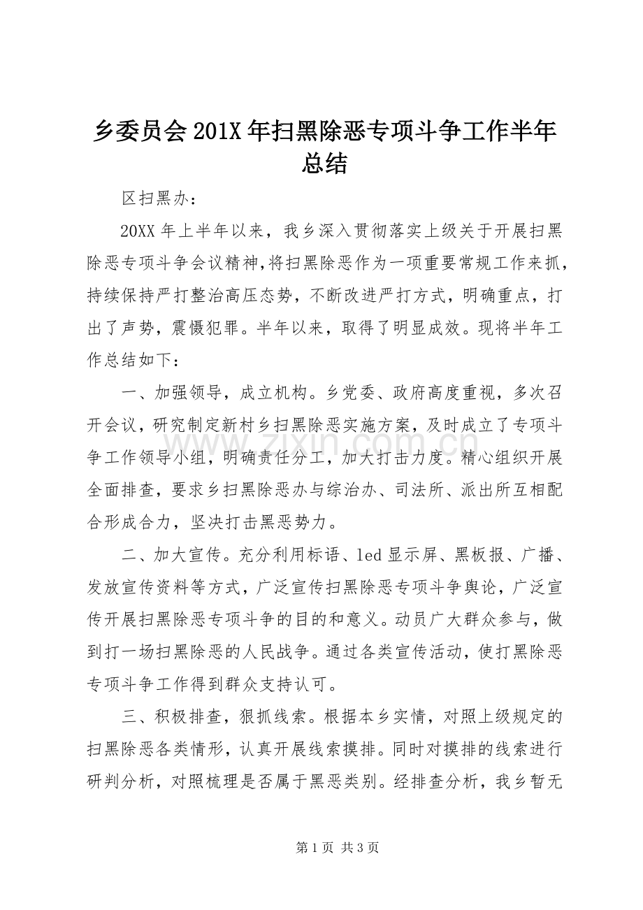 乡委员会202X年扫黑除恶专项斗争工作半年总结.docx_第1页