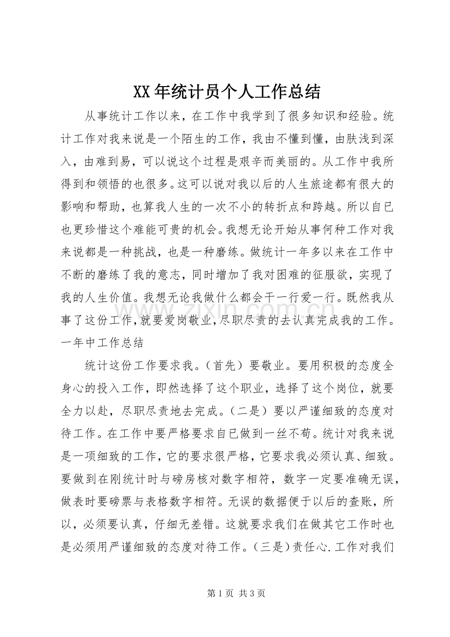 XX年统计员个人工作总结 .docx_第1页