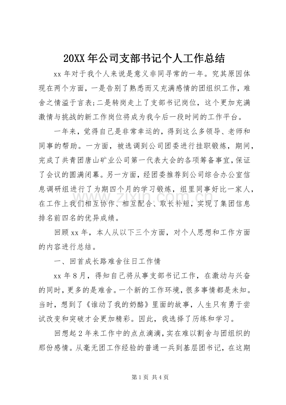 20XX年公司支部书记个人工作总结.docx_第1页