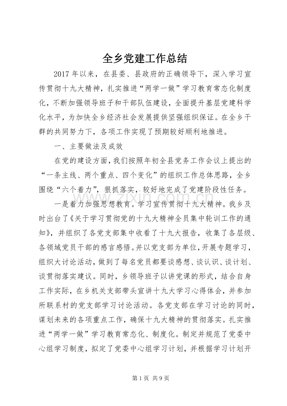 全乡党建工作总结 .docx_第1页