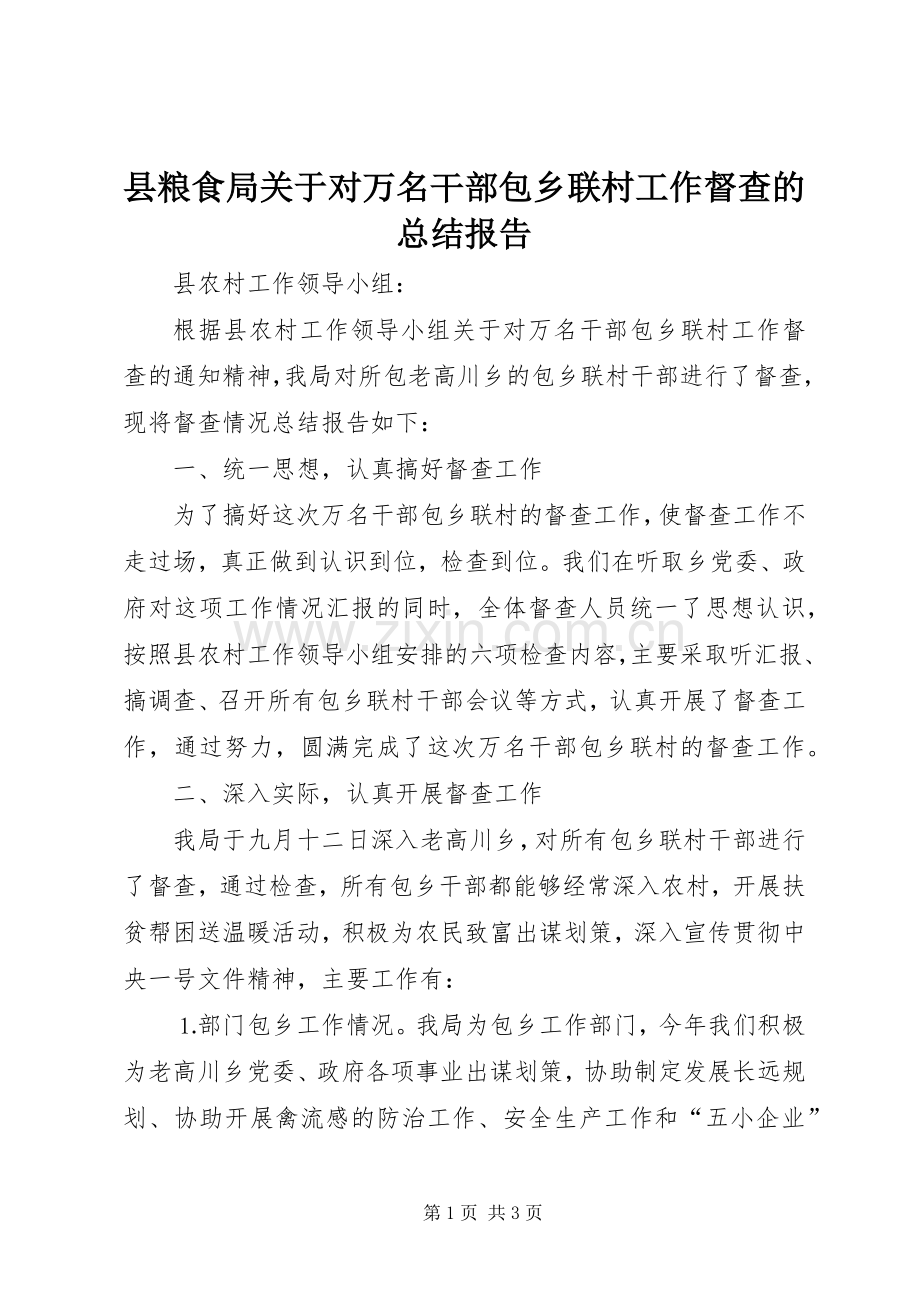 县粮食局关于对万名干部包乡联村工作督查的总结报告 .docx_第1页