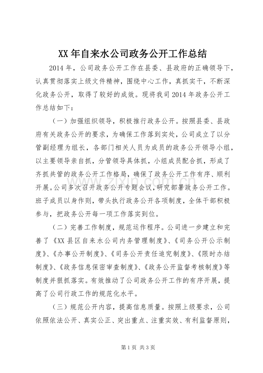 XX年自来水公司政务公开工作总结 .docx_第1页