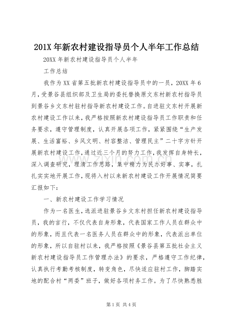 202X年新农村建设指导员个人半年工作总结.docx_第1页