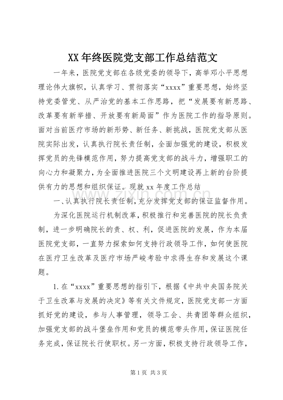 XX年终医院党支部工作总结范文 .docx_第1页