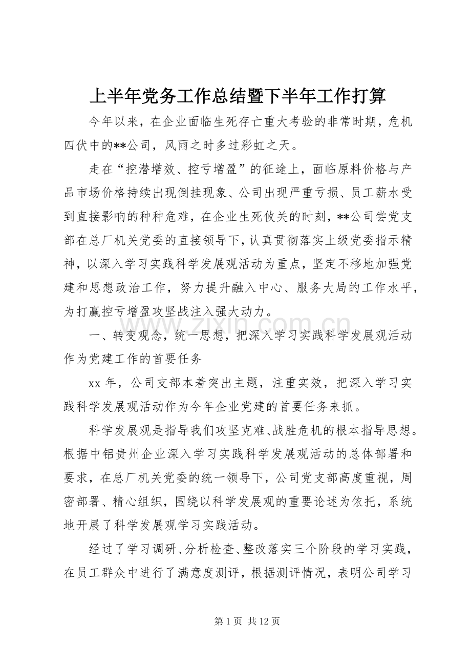 上半年党务工作总结暨下半年工作打算 .docx_第1页