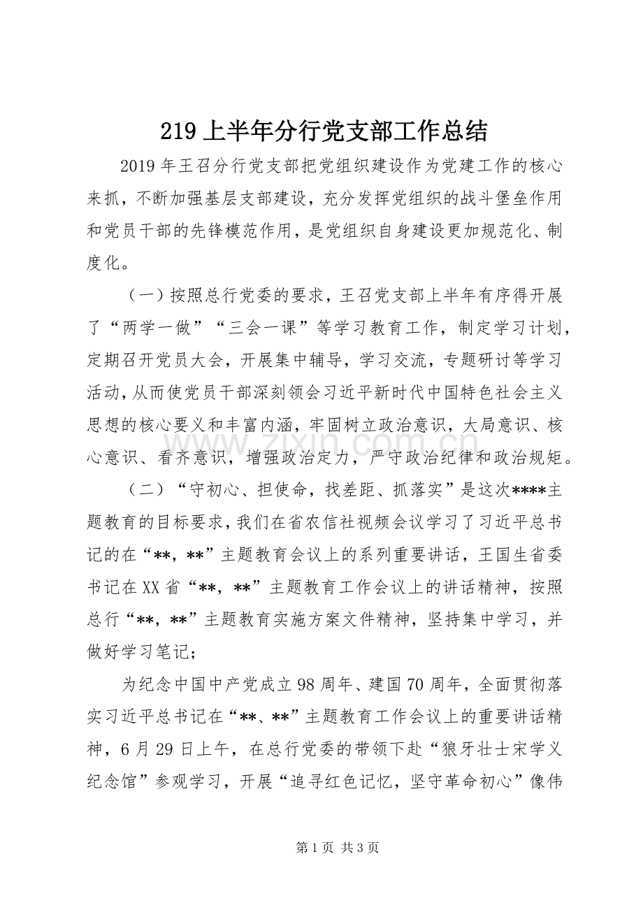 219上半年分行党支部工作总结.docx_第1页