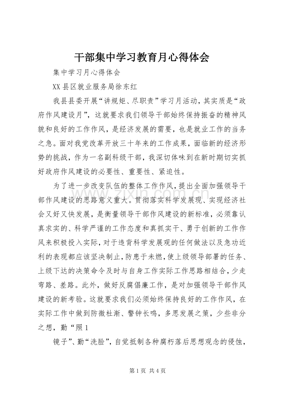 干部集中学习教育月体会心得.docx_第1页