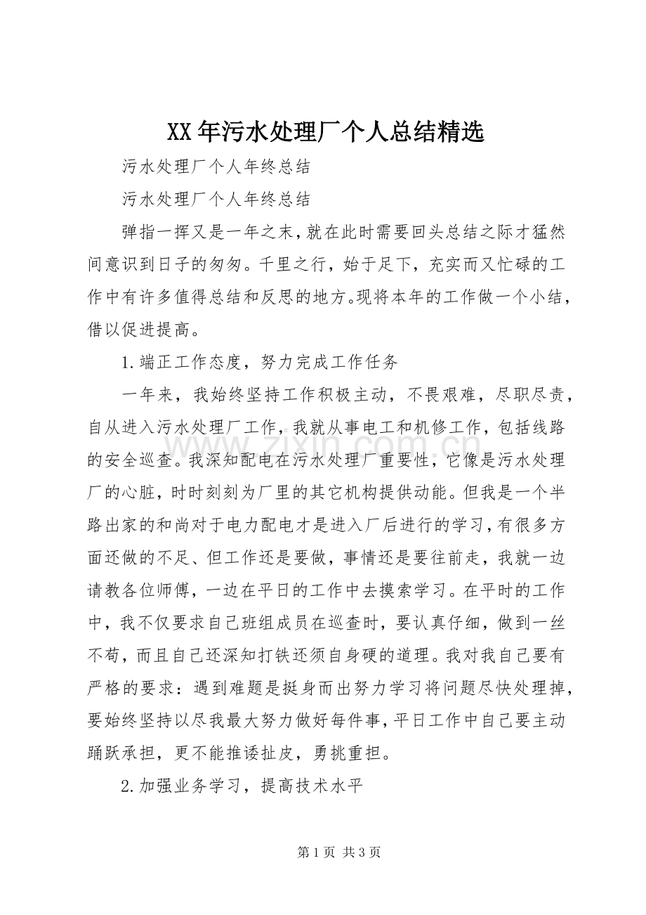 XX年污水处理厂个人总结 .docx_第1页