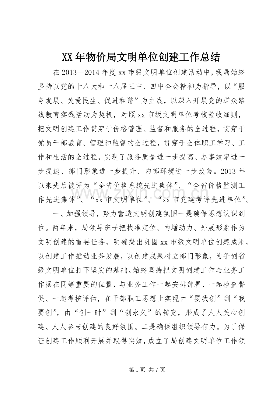 XX年物价局文明单位创建工作总结 .docx_第1页