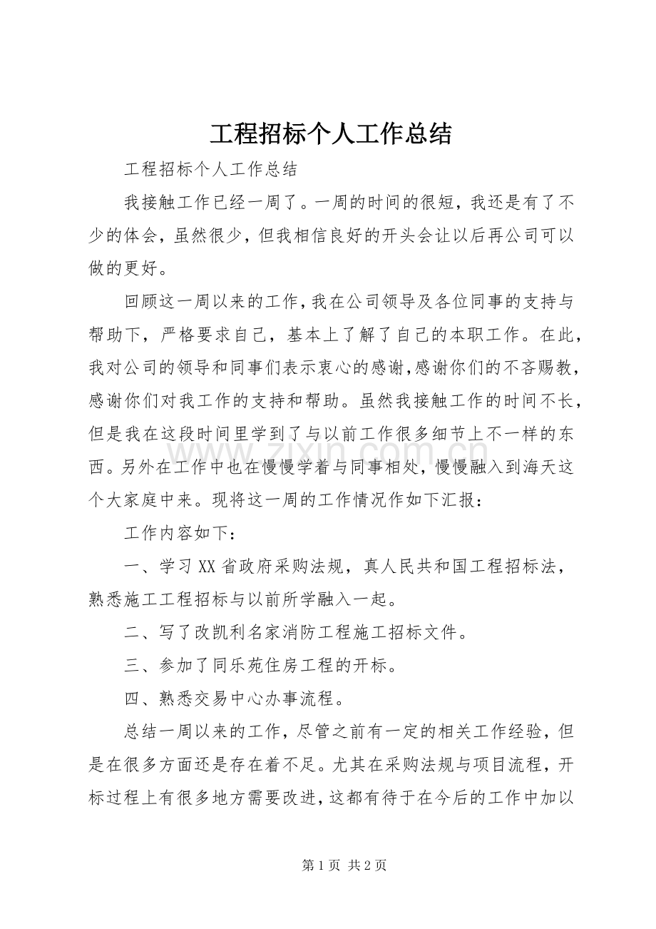 工程招标个人工作总结 .docx_第1页