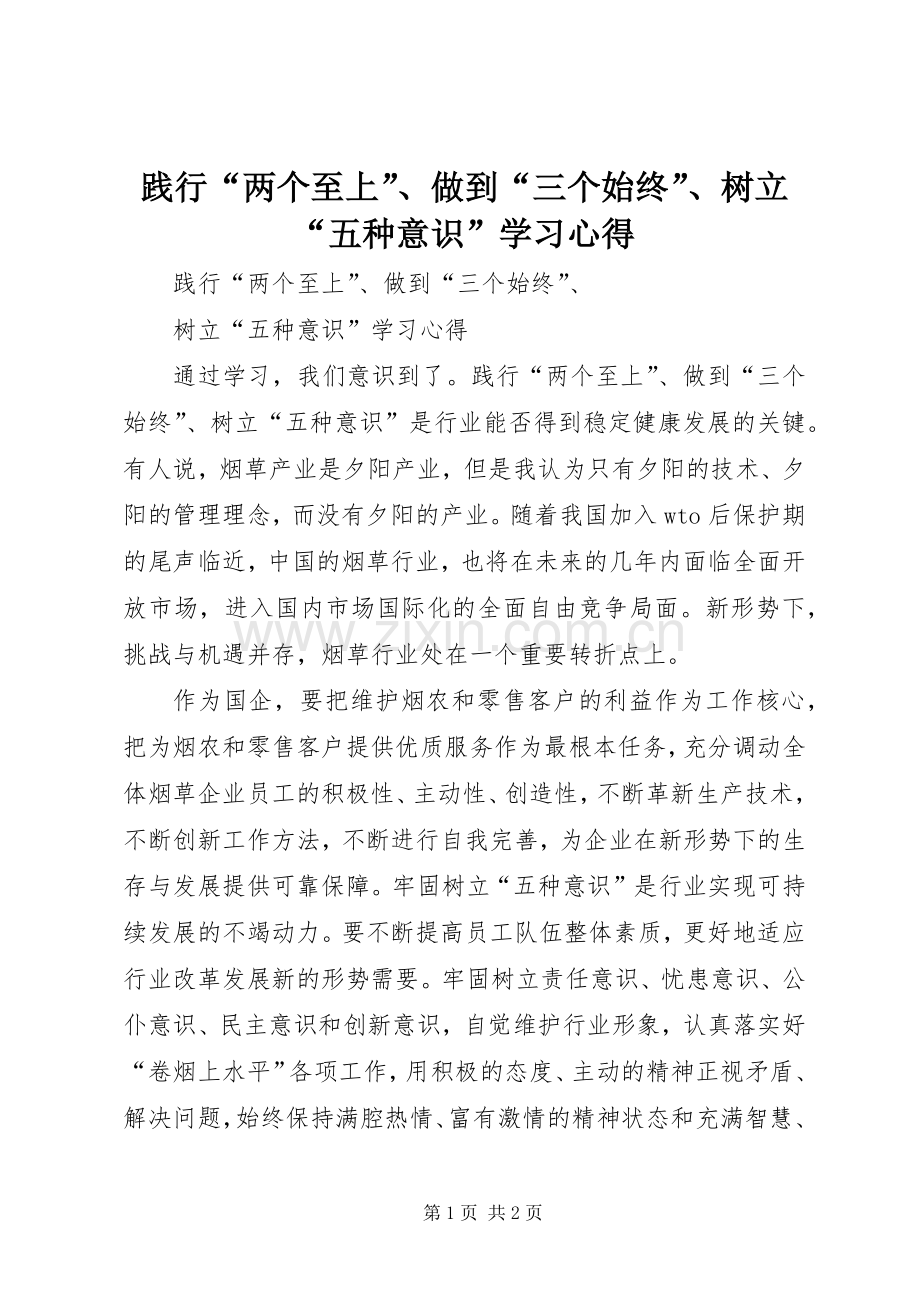 践行“两个至上”、做到“三个始终”、树立“五种意识”学习体会.docx_第1页