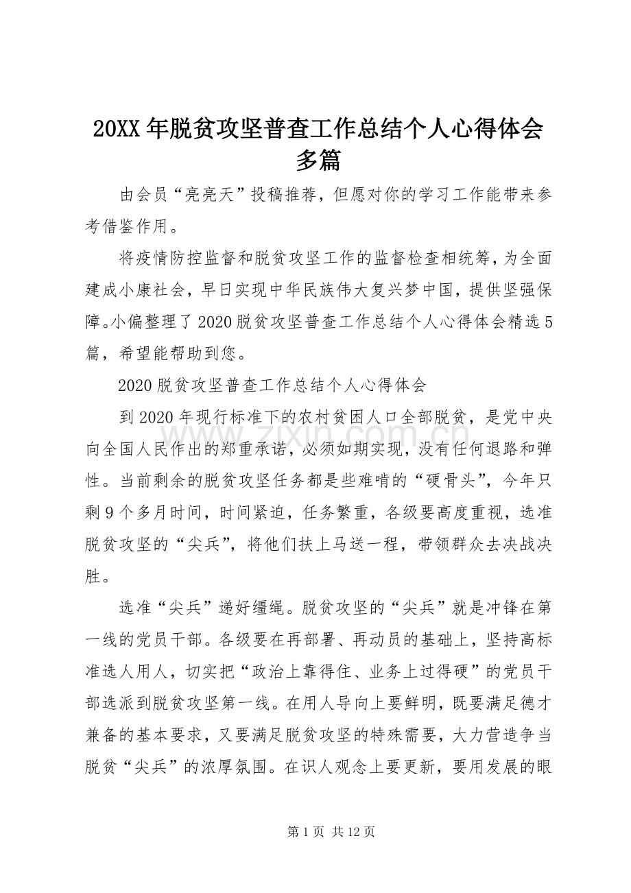 20XX年脱贫攻坚普查工作总结个人心得体会多篇.docx_第1页