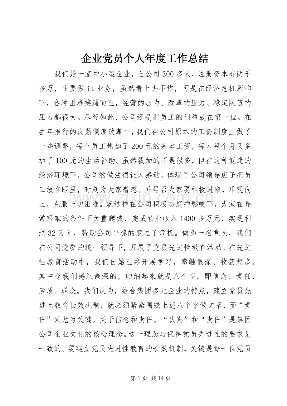 企业党员个人年度工作总结 .docx_第1页