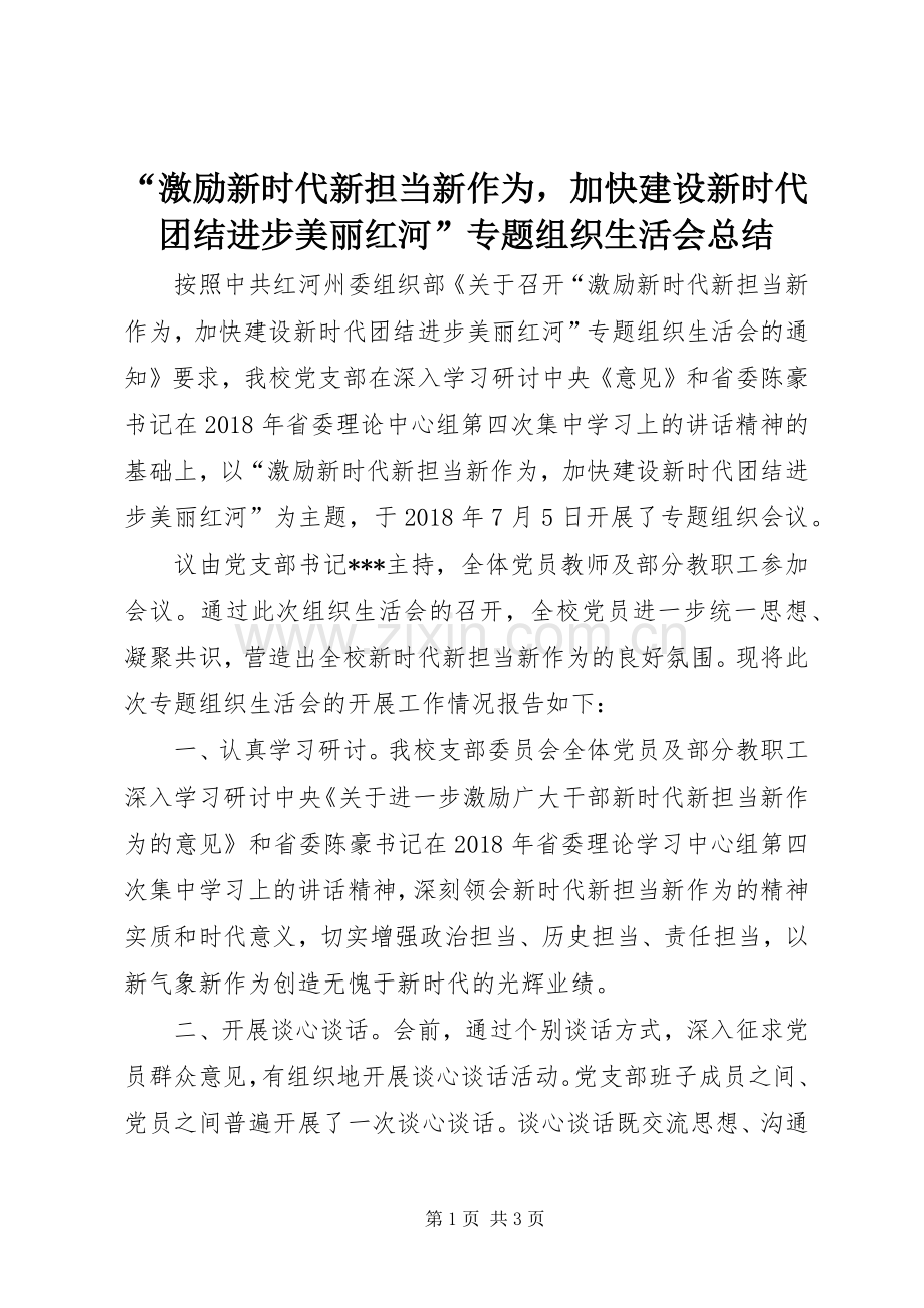 “激励新时代新担当新作为加快建设新时代团结进步美丽红河”专题组织生活会总结 .docx_第1页