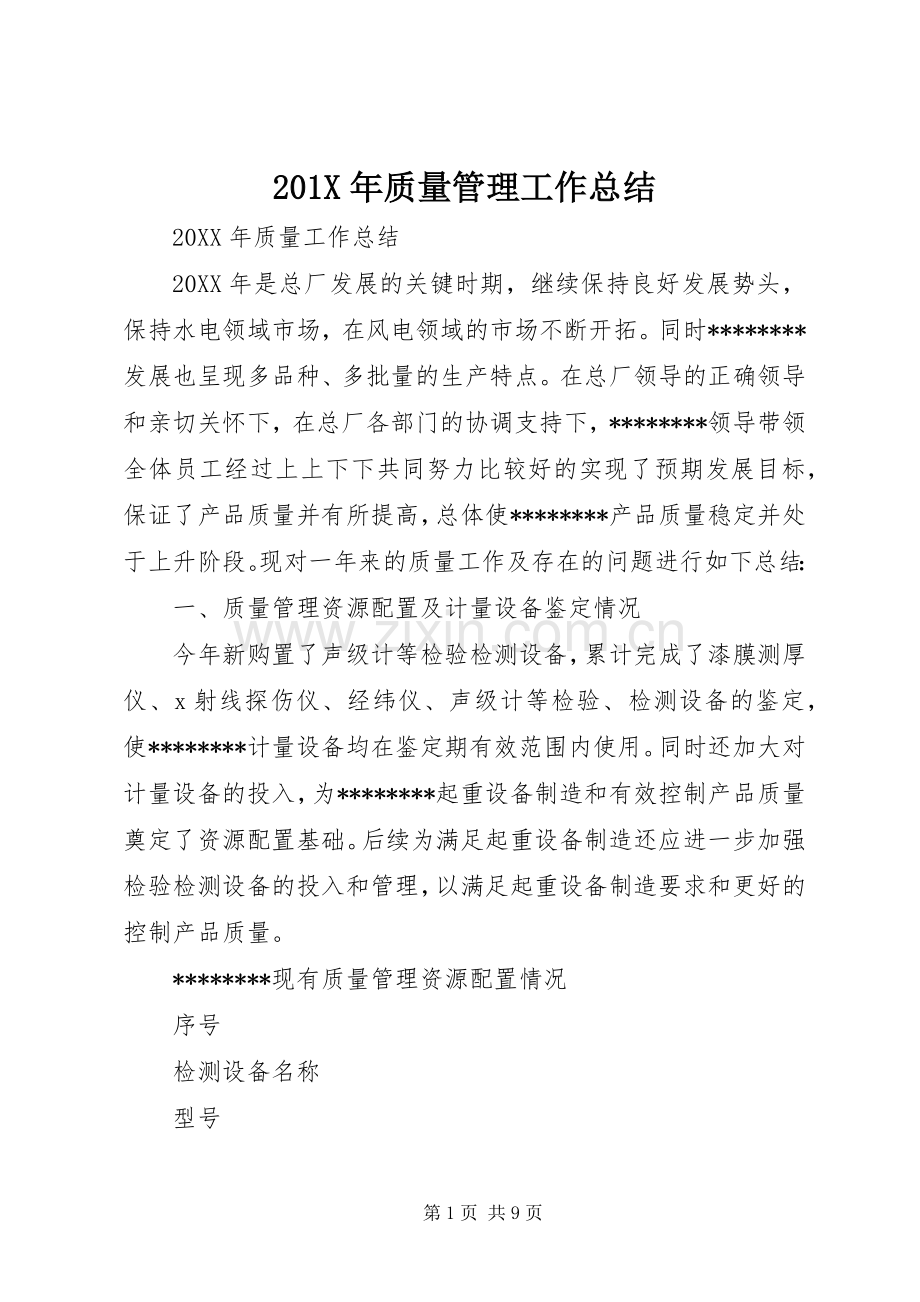 202X年质量管理工作总结.docx_第1页